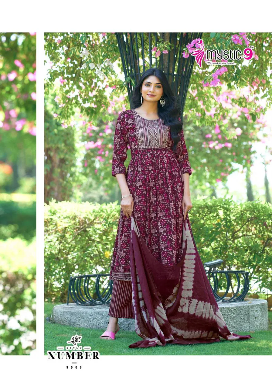 Sara Vol 9 By Mystic 9 Rayon Foil Printed Kurti With Bottom Dupatta Wholesale Market In Surat

